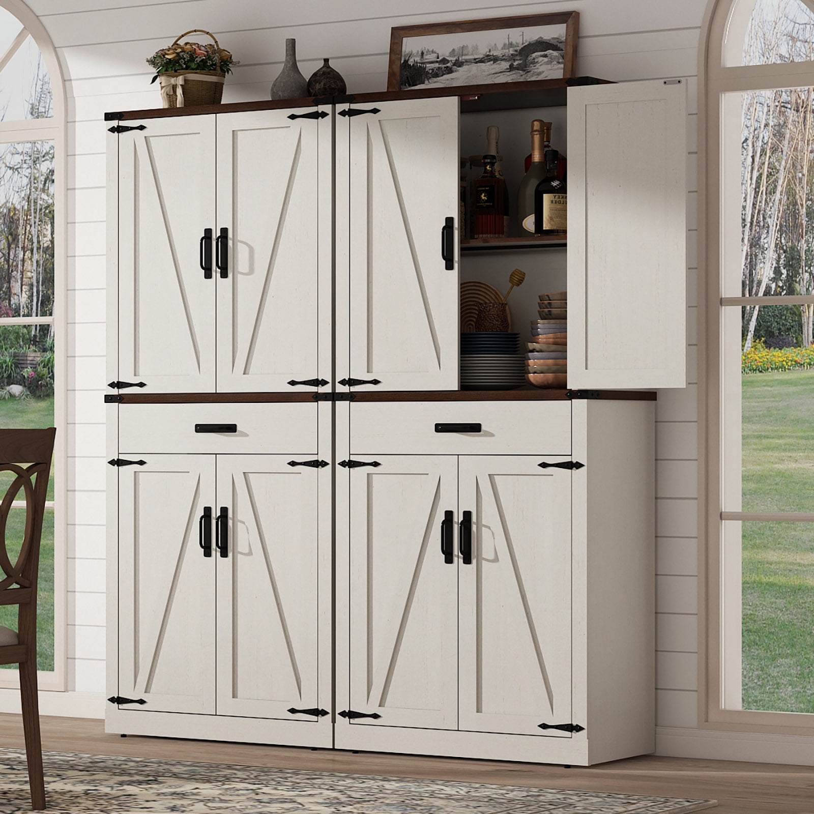 72" Tall Kitchen Pantry, Farmhouse Pantry Cabinet with 1 Drawer & 4 Layer Adjustable Shelves, Rustic Wood Storage Cupboard with Metal Load-Bearing Pipe for Kitchen Bathroom Living Room Hallway