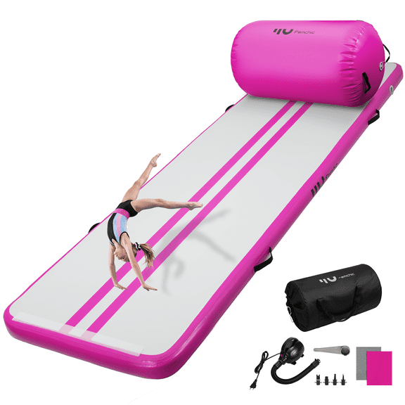 FEMCHIC 10 ft Inflatable Air Gymnastics Training mat with Air Roller, Tumbling Mat w/ Electric Pump, 4'' Thick Tumble Track for Home, Cheerleading, Gym, Water, Yoga, Outdoor