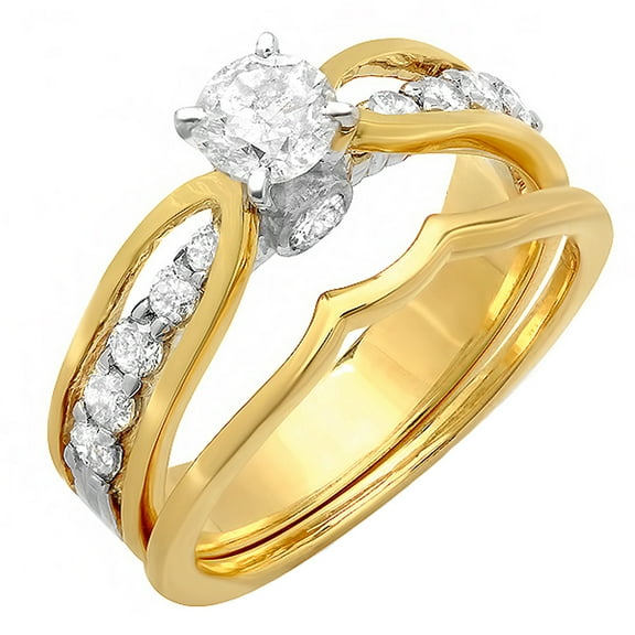 Dazzlingrock Collection 1.00 Carat (ctw) 14k Two Tone Round Diamond Ladies Bridal Engagement Ring Set with Matching Band 1 CT, Yellow Gold, Size 6.5