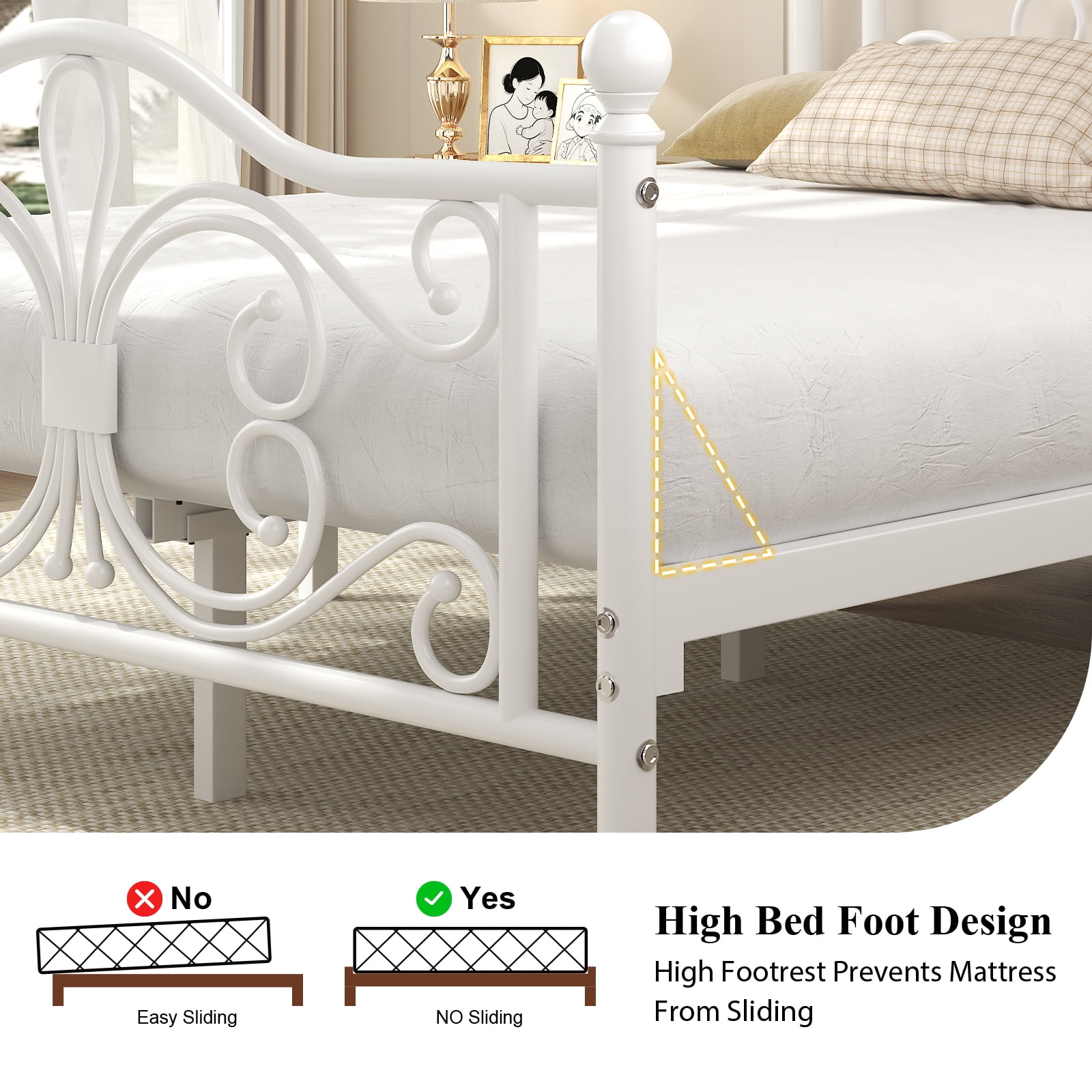 EBERY Full Size Metal Bed Frame with Butterfly Pattern Design Headboard & Footboard, Underbed Storage, White