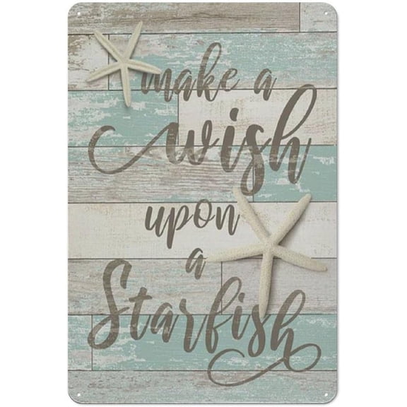 Metal Tin Sign Beach Bathroom Decor Starfish Seashell Wall Art Ocean Theme Picture for Bedroom, Make a Wish Upon a Starfish, 8 x 12 Inch