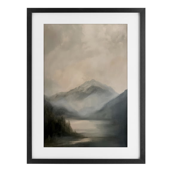 Stupell Industries Rustic Lodge Misted Mountain Lake Scene Black Framed Print Under Glass, 14 x 20, by Petals Prints Design