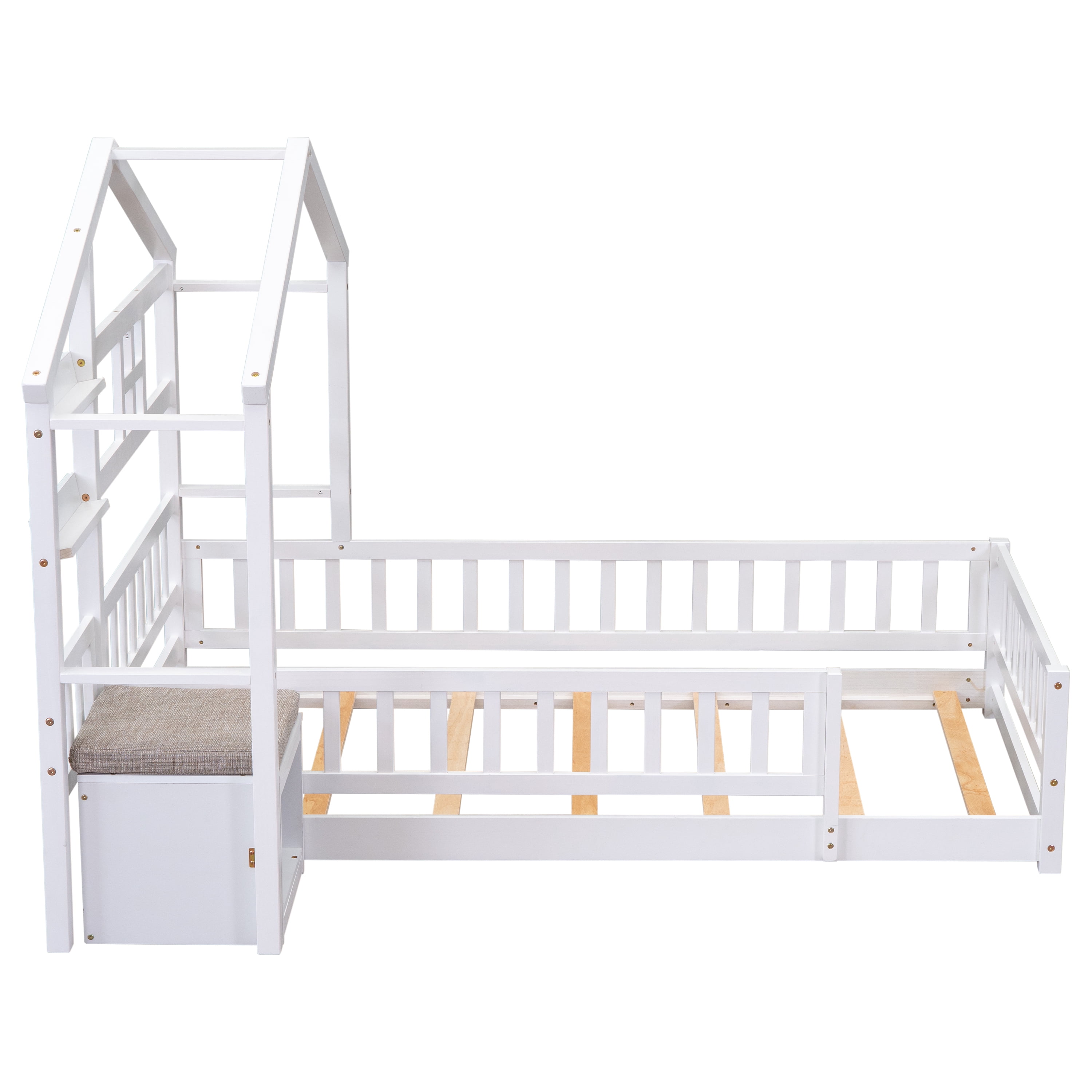 Euroco Wood Twin Size Platform Bed with House Shelf and Cushion Chair for Kids, White