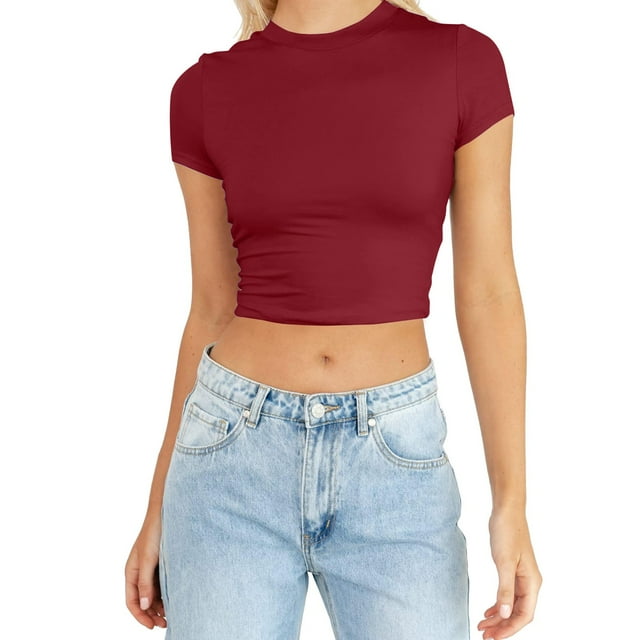 WEIYLL T-Shirts Femmes Été Manches Courtes Mignon Court Basique Col Rond Ajusté Blouse Rouge Tailles TG