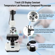 FOUR Es Scientific Compound Monocular Microscope, Constant Temperature Mechanical Stage, 40X-2500X Magnification, 7 LCD Screen, Aluminum Carry Box