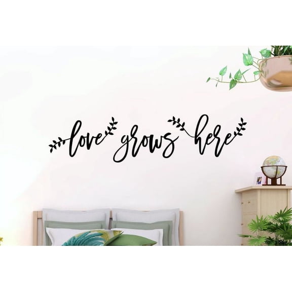 Wall Decal Stickers Love Grows Here Laurel Leaves Cursive Decor Quotes 42x10-Inch Black