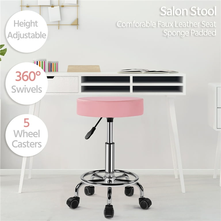 Topeakmart Adjustable Round PU Leather Salon Stool Chair with Wheels Pink