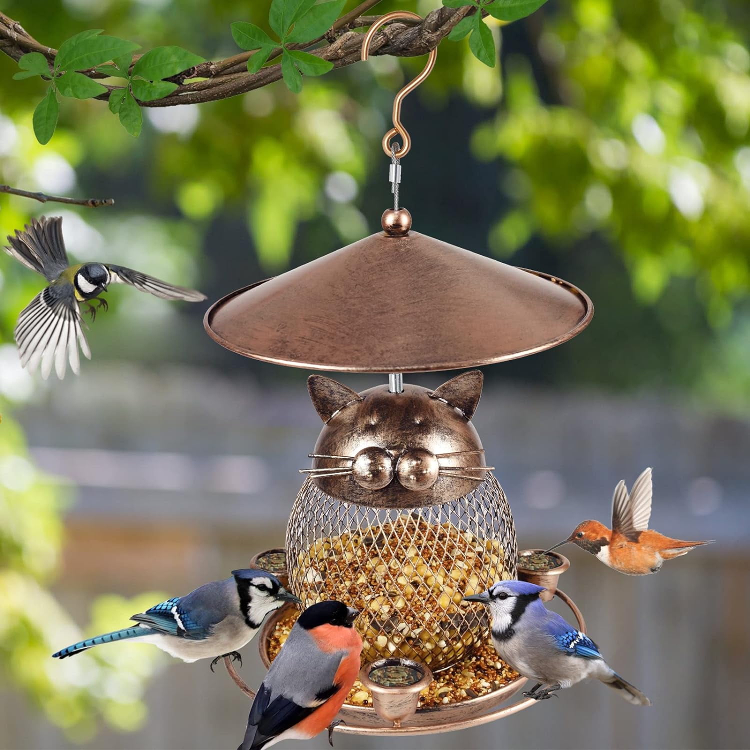 IWNTWY Metal Hanging Bird Feeder, Cat Shaped Wild Birdfeeder for Outside Garden Yard