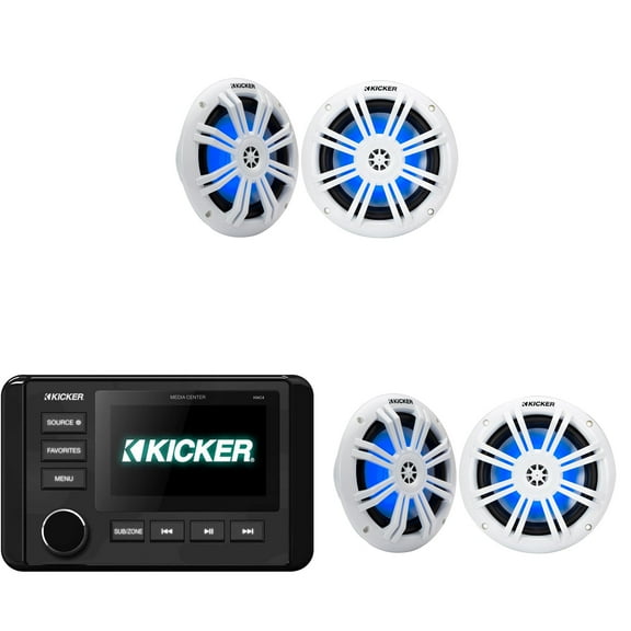 Kicker 46KMC4 Marine Gauge-Style Source & (2 Pair ) 51KM604WL 6.5" White Marine LED Speakers bundle