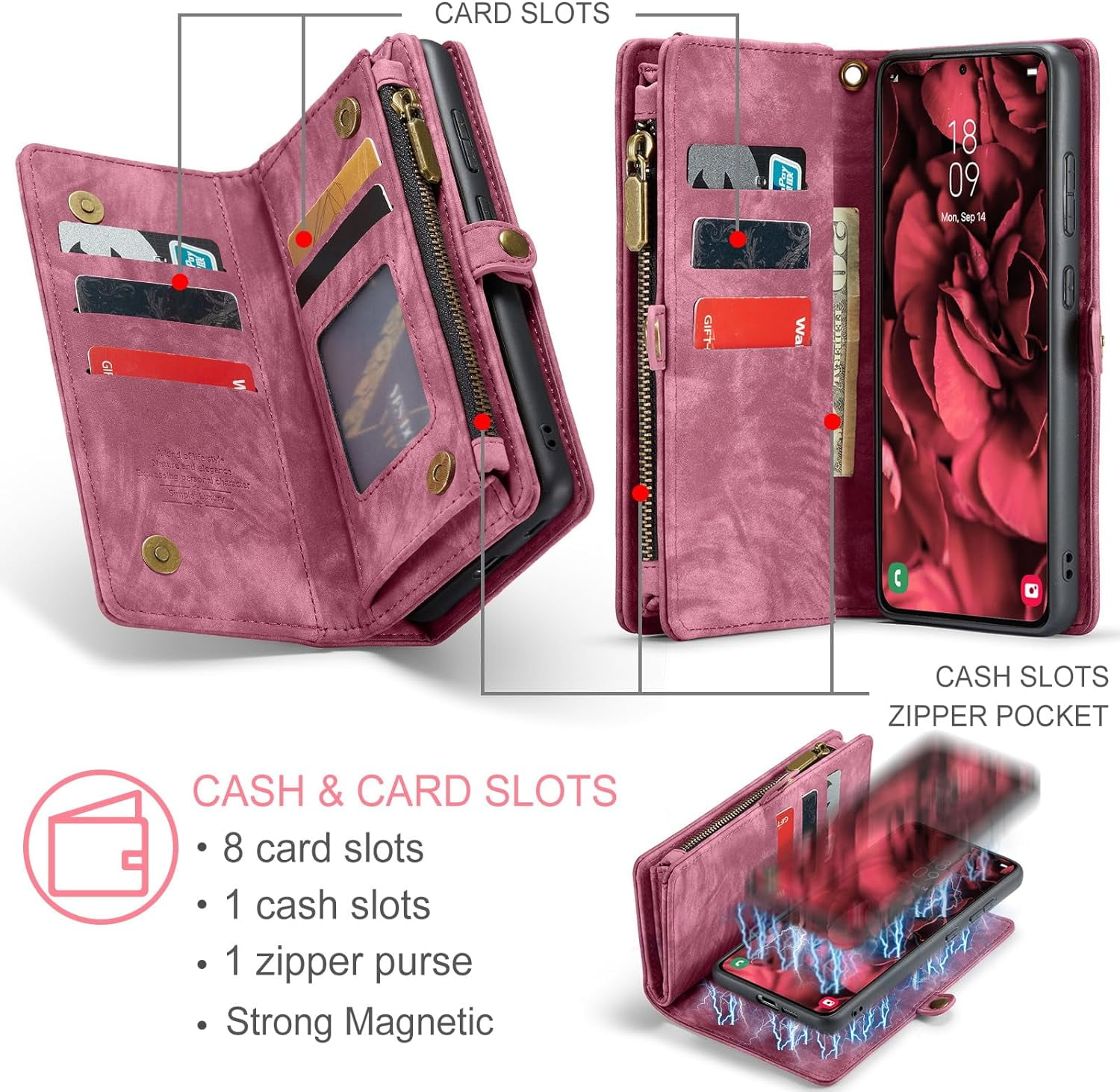 Phone Case for Samsung Galaxy S24 5G Zipper Wallet Detachable Cover with Tempered Glass Screen Protector and Leather Flip Credit Card Holder Cell Accessories S 24 24S GS24 G5 Women Men Red