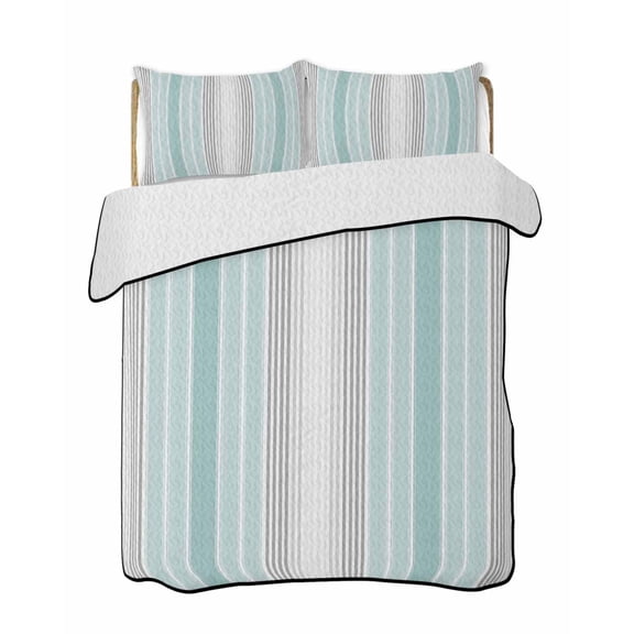 Aqua Gray Stripes Summer Quilt Set King Size,Soft Microfiber Quilted Bedding Set with 2 Pillow Shams,Minimalist Gradient Lines Aesthetic Lightweight All Season Bedspread Coverlet for Bedroom 96"x106"