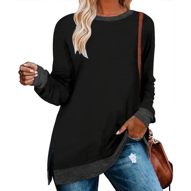 Blusa de manga larga con cuello redondo, blusa de manga larga para mujer, blusas de color lindo con manga larga y abertura lateral, blusas de manga larga que mejoran tu experiencia