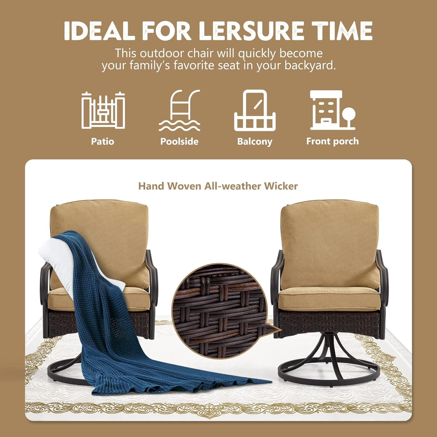 Patio Swivel Chairs Set of 2, Outdoor Swivel Chairs with Cushion, Patio Dining Chairs for Garden, Patio, Backyard and Balcony, Khaki