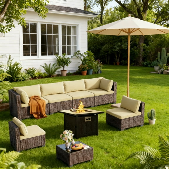 Lofka 8-Piece Patio Furniture Set with Fire Pit Table - All-Weather Conversation Set with Cushions and Glass Coffee Table | Seats 7 | Perfect for Garden, Lawn, or Balcony | Grey