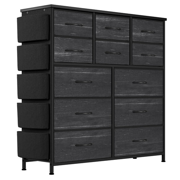 Commode de Rangement en Tissu – 12 Tiroirs avec 5 Poches Latérales et 2 Crochets Suspendus, Chiffonnier à Cadre en Métal – Grande Commode en Tissu pour l'Organisation de la Chambre, du Salon et du Garde-Robe