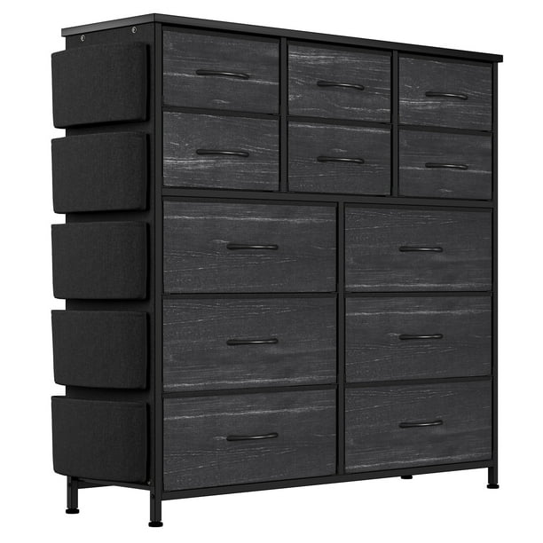ChaoLink Cómoda con 12 cajones para dormitorio y sala, organizador de almacenamiento de tela con cubierta de madera, bolsillos y ganchos laterales para recibidor, pasillo y armario