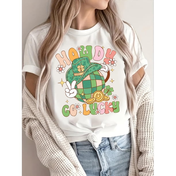 St. Patrick'S Day Inspired "HOWDY GO LUCKY" T-Shirt, Crew Neck Tee, Regular Fit, with Short Sleeves, Slight Stretch
