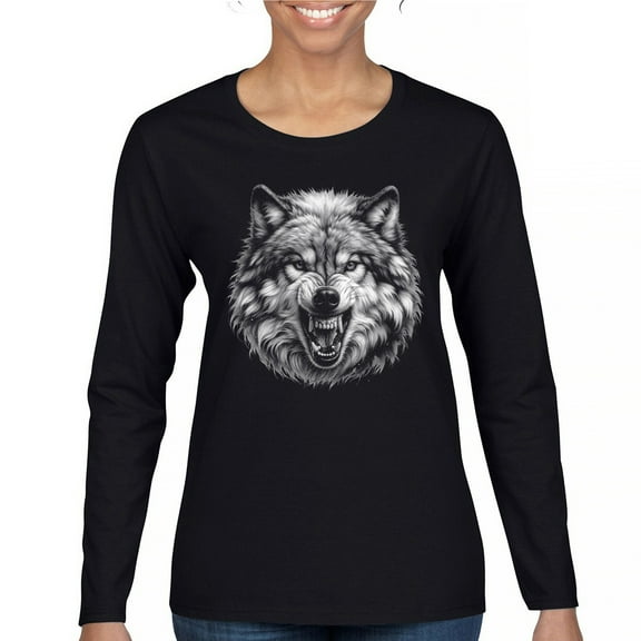 Snarling Wolf Portrait Women's Long Sleeve T-shirt Fierce Monochrome Predator Alpha Wilderness Wild Animal Art Nature Forest