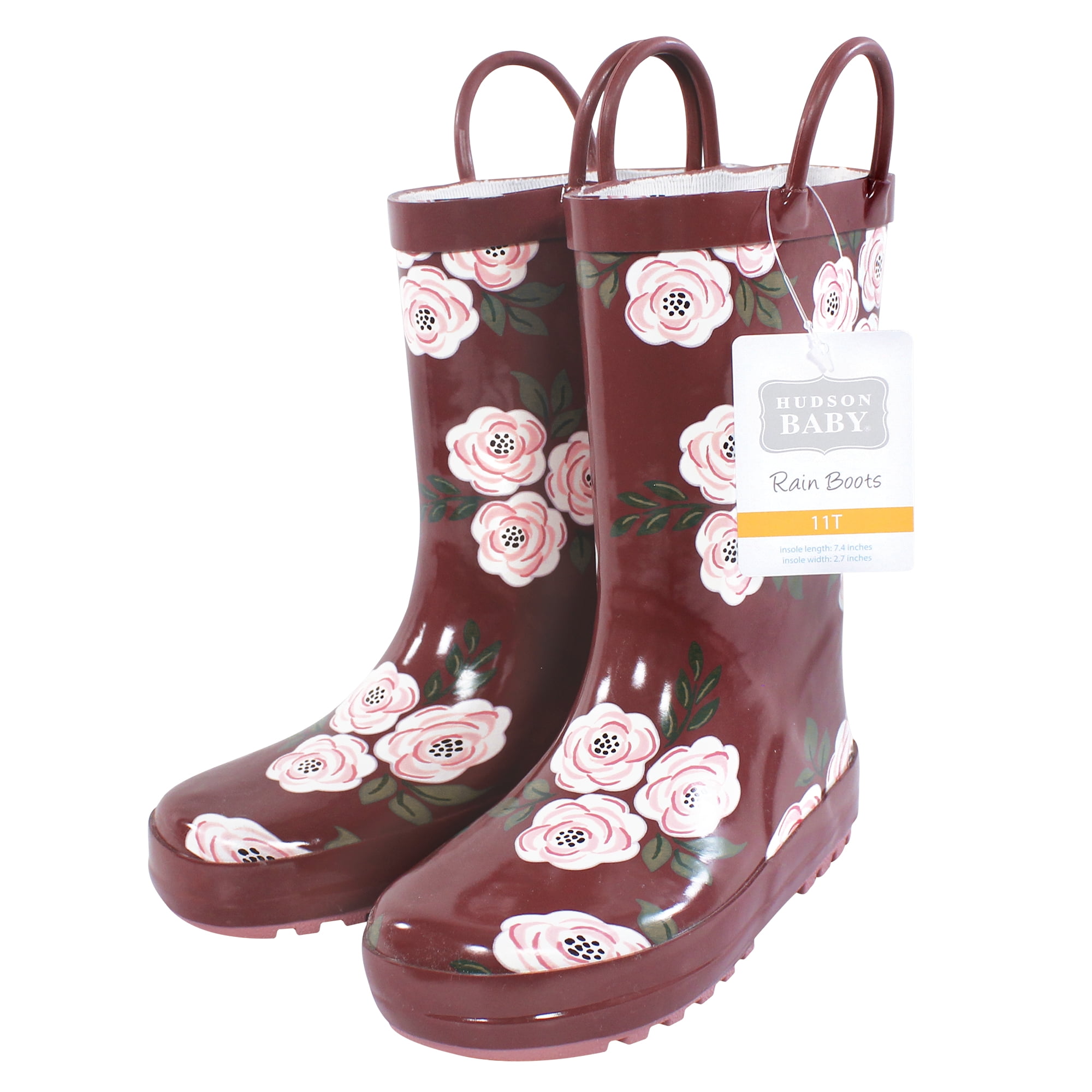 Hudson Baby Girls Rain Boots, Burgundy Floral, 5 Toddler