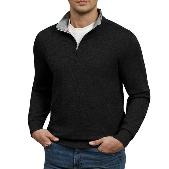 FEDTOSING Quarter Zip Pullover Sweater Men Vintage Fall V Neck Long Sleeve Polo Fleece Jacket