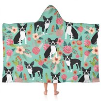 Boston Terrier Floral Flowers Hooded Bath Towel，50"x30" for Ages 3 To 12 Kids, Quick Dry Lightweight Soft Microfiber Hood Beach Towel Cover Up for Kids