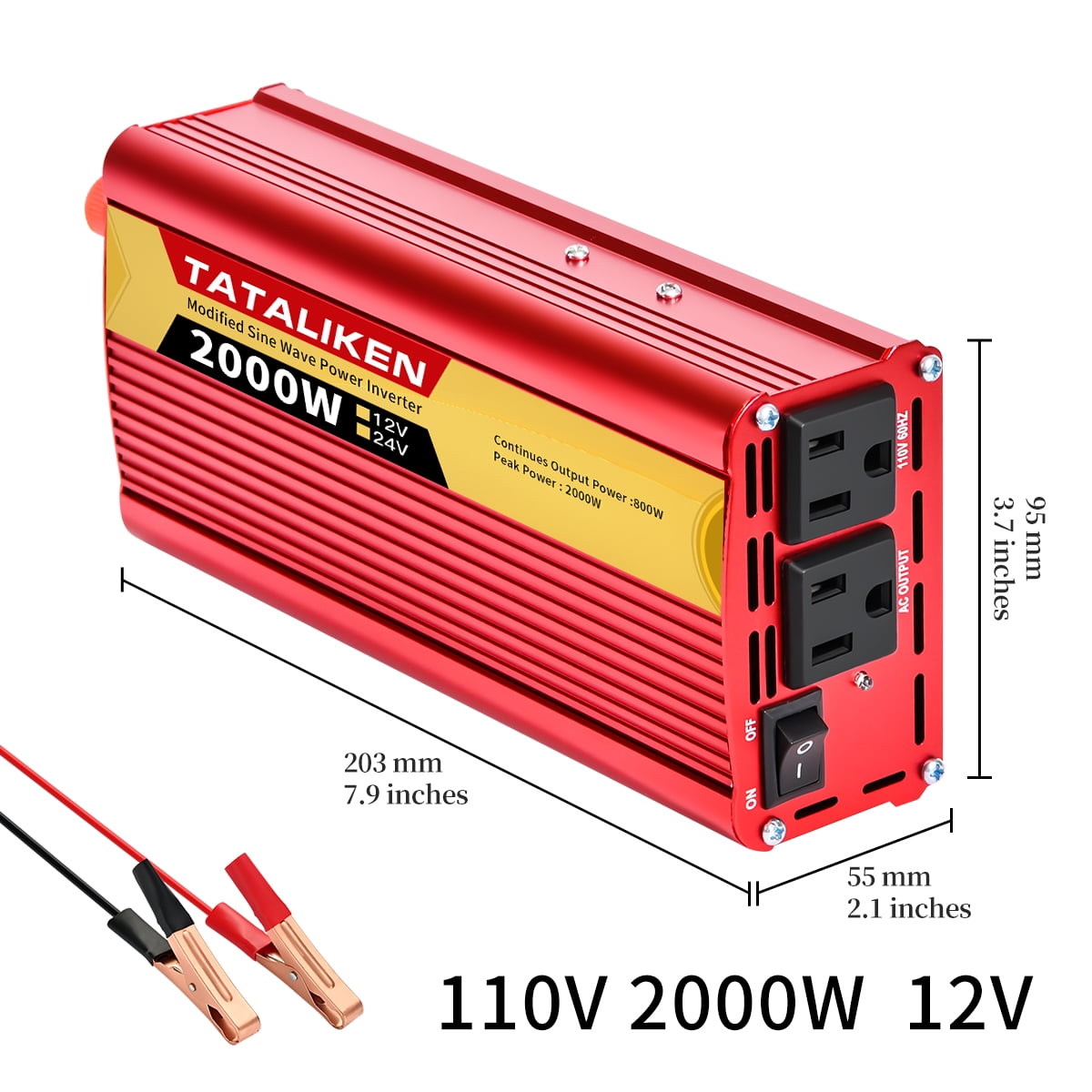 TATALIKEN 2000W（Rating power 800 W）Power Inverter DC 12V to AC 110V/120V Car Inverter with Battery Clamp Cable 2 AC Outlets for Power Tools Home Vehicles RV Truck, Red