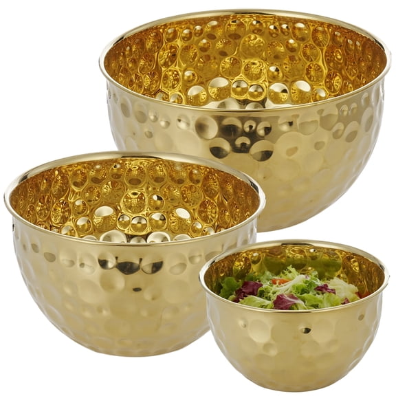 3 Pcs Gold Mixing Bowls Set, Stainless Steel Hammered Mixing Bowl, Nesting Salad Bowl Set for Kitchen, Gold Decorative Bowls for Serving, Baking, Food Prep