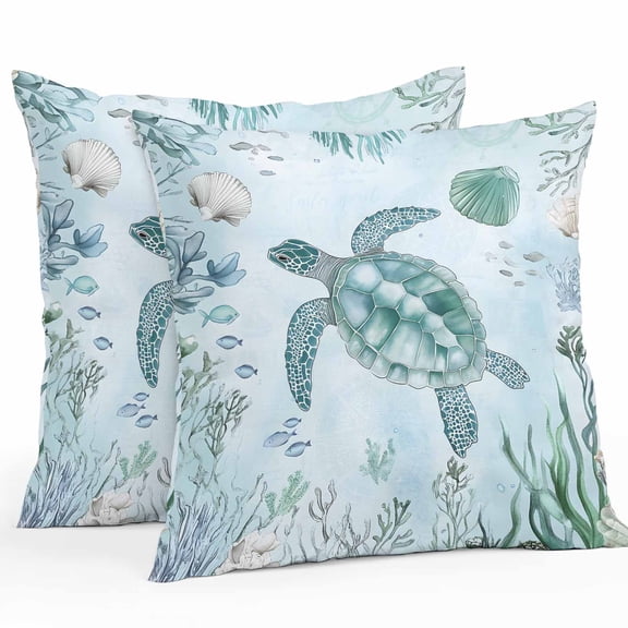 Teal Sea Turtle Outdoor Pillow Covers Pack of 2 Summer Shell Coral Watercolor Nautical Waterproof Throw Pillow Covers Decorative Cushion Cases for Patio Garden Tent Balcony Couch 24x24 inch