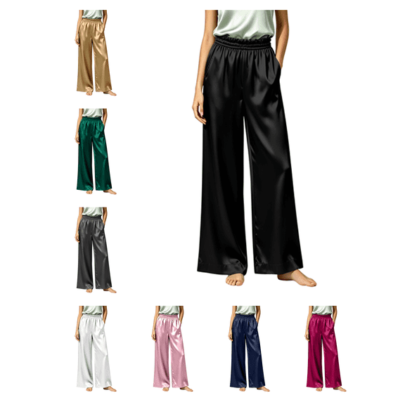 Busydd Satin Pajamas Pants for Women Comfortable Solid Color Elastic Waist Sleep Pants Casual Loose Loungewear Bottoms with Pockets S