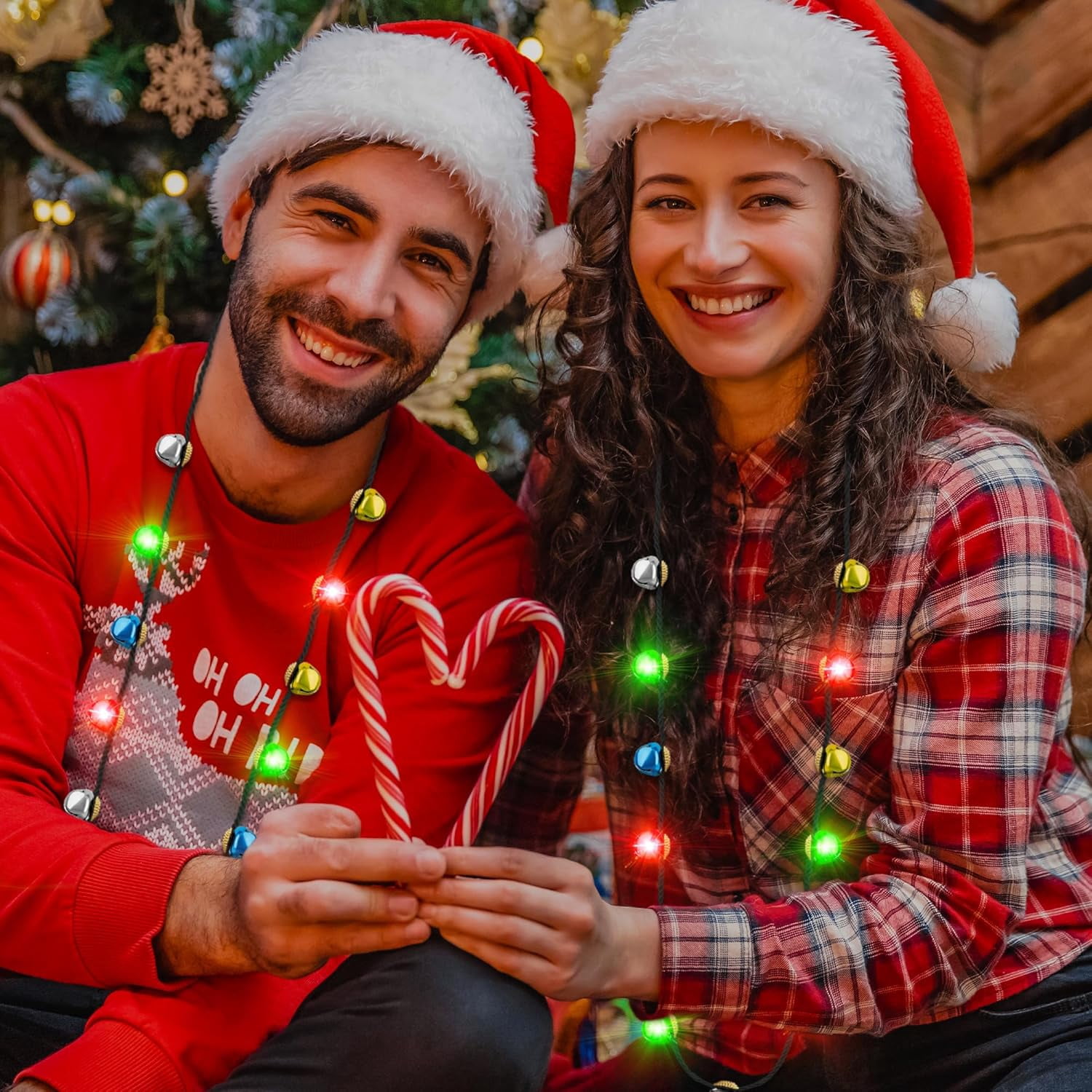 2Pcs Christmas Light Necklace, Bells Light up Christmas Necklace, Jingle Bells Xmas Necklaces Women Men, 3 Modes Party Favors Ugly Sweater Holiday Party Supplies Accessories