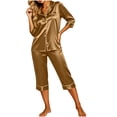 thumbnail image 5 of AKOEE Satin Capri Pajamas for Women 2 Piece Sets Soft 3/4 Sleeve Button Up Shirt Capris Pant Lounge Sleepwear (XL, Brown), 5 of 8