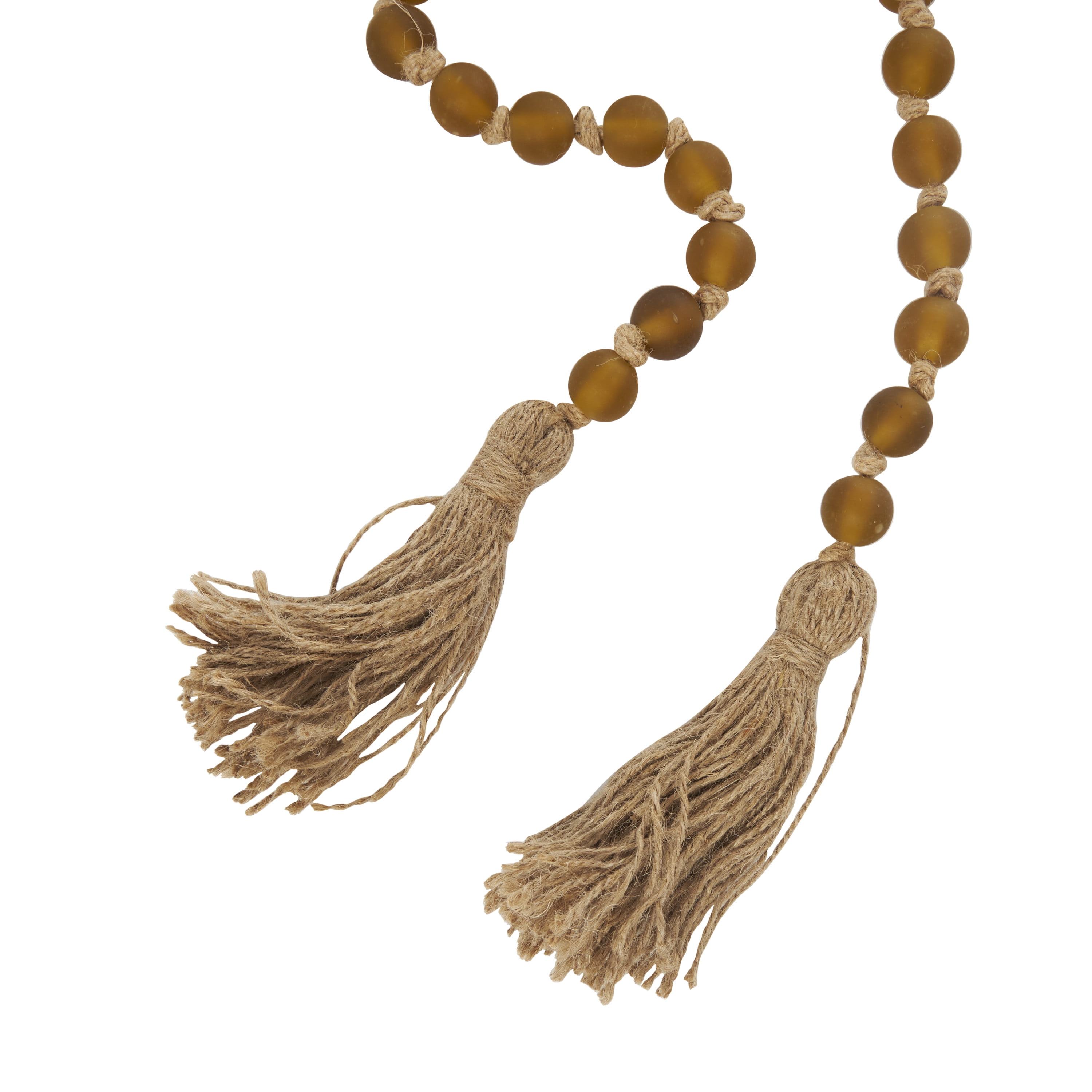 DecMode Handmade Round Long Frosted Beaded Yellow Glass Garland with Tassel with Knotted Brown Jute