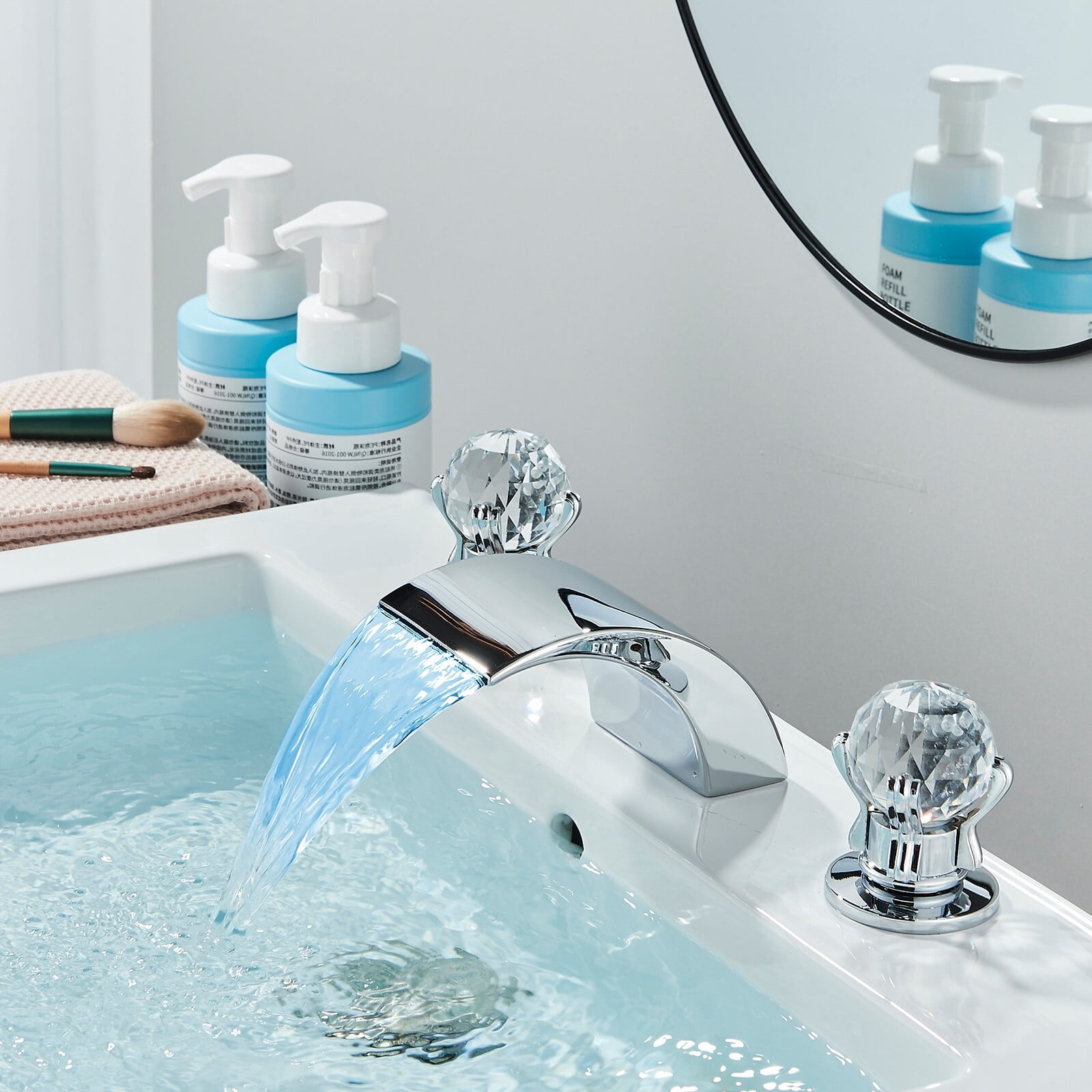 Zovajonia Chrome LED Waterfall Bathroom Faucet 3 hole 8 inch Widespread Sink Basin Mixer