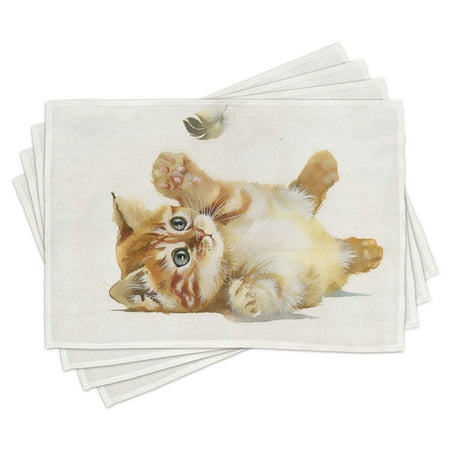 

Animal Placemats Set of 4 Cute Cat Playing with Feather in Watercolors Hand Drawn Illustration Art Washable Fabric Place Mats for Dining Room Kitchen Table Decor Apricot Cream White by Ambesonne