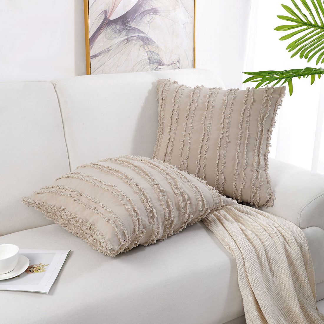 2Pcs Cotton Linen Decorative Throw Pillow Covers with Bohemian Tassel 