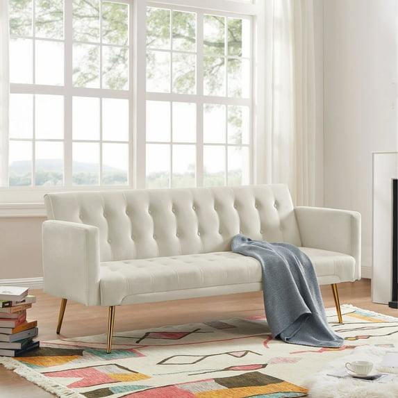 Velvet Futon Sofa Bed, Small Sleeper Sofa Loveseat with 2 Decorative Pillows, Modern Upholstered Convertible Couch with 4 Metal Tapered Legs, Beige