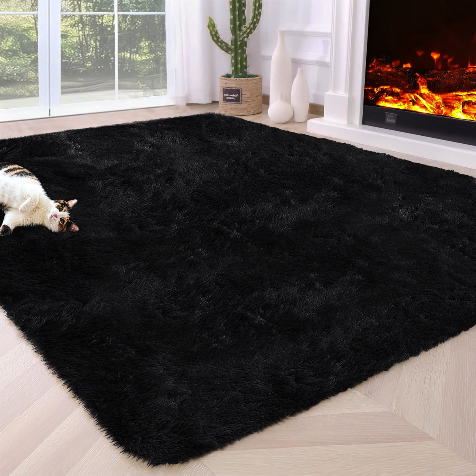 Hasoo 5' x 8' Fluffy Shaggy Soft Area Rug for Living Room Dorm Home Decor Aesthetic, Black
