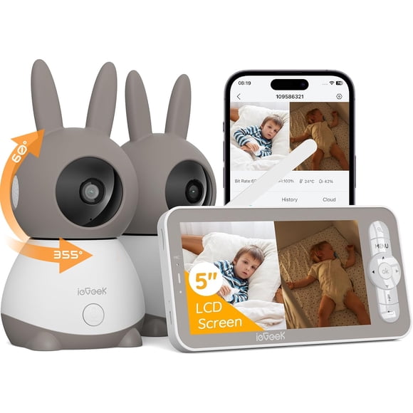ieGeek Monitor de bebé con pantalla dividida 2K, monitor de bebé con audio de 5 pulgadas con 2 cámaras, cámara dual de vídeo para teléfono inteligente WiFi, visión nocturna, detección de movimiento y
