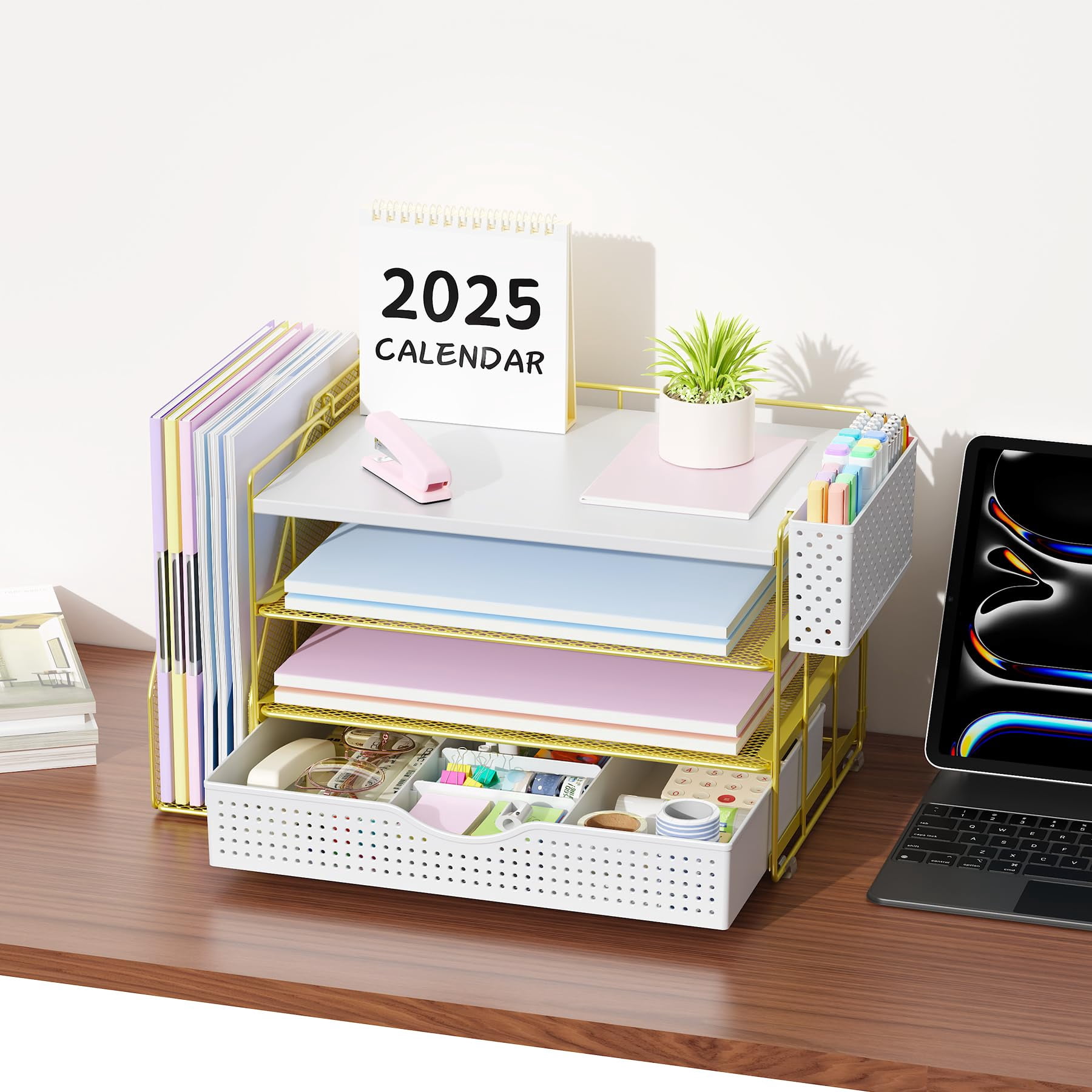 Wood Desk Organizers And Accessories With File Holder  4-tier & Workspace Drawer Pen Paper Organizer For Office Supplies (gold)
