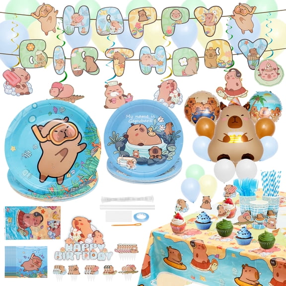 pluokvzr 185pcs Capybara Birthday Decorations Tableware Set Cute Animal Theme Birthday Decor with Banner Balloons Plates for Party Baby Shower
