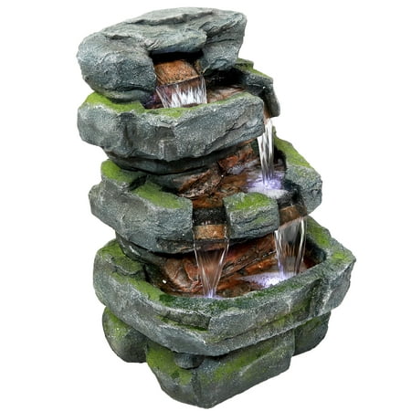 Sunnydaze 24 H Electric Polyresin and Fiberglass Tiered Stone Waterfall Outdoor Water Fountain with LED Lights