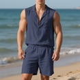 thumbnail image 2 of Makaor Linen Sets for Men 2 Piece Summer Loose Lounge Set Big and Tall Solid Color Matching Sets Vacation Outfits Sleeveless Button down Shirts Drawstring Shorts Trendy Travel Clothes, 2 of 8