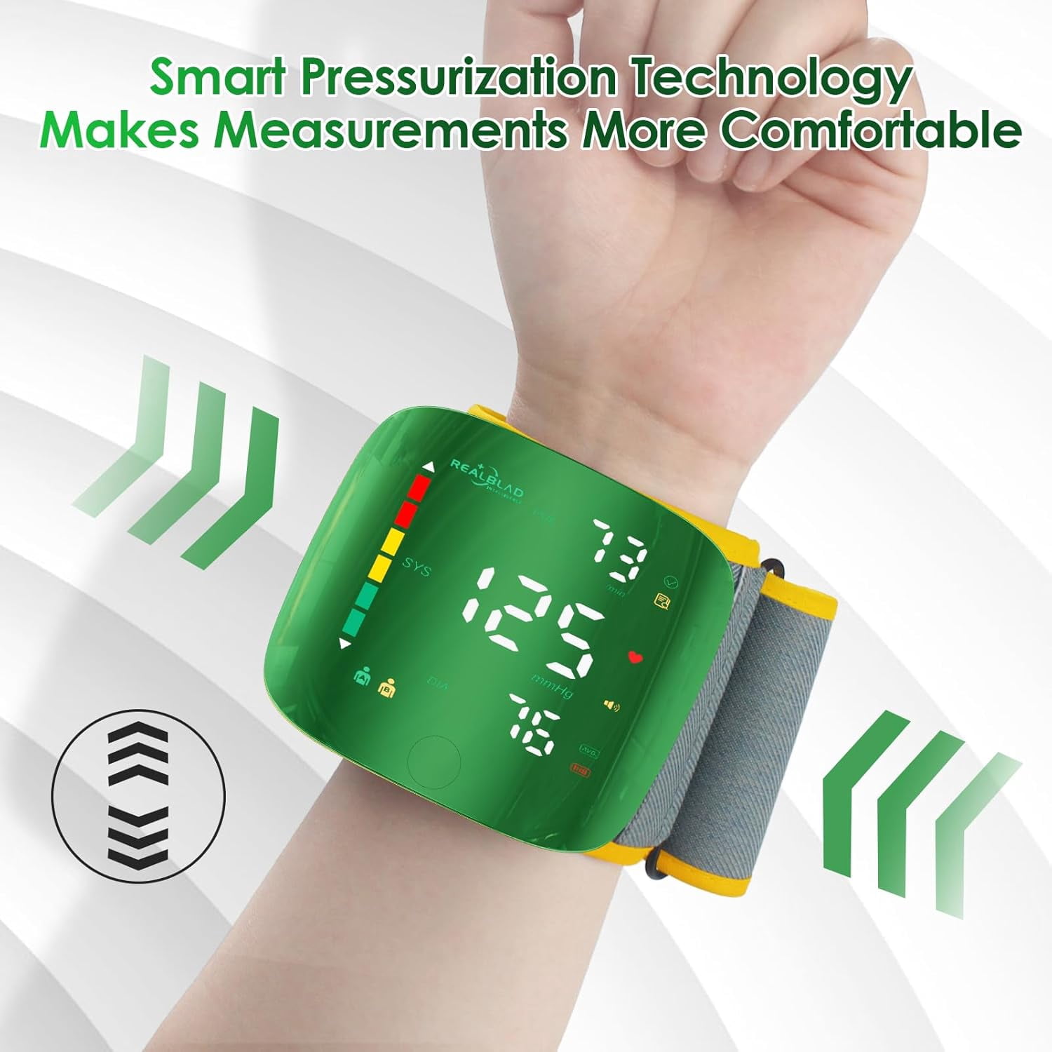 Wrist Blood Pressure Monitor with Green LED Curved Screen, Rechargeable Blood Pressure Machine for Home Use, One-Button Switch Voice and User, 5.31-9.25in Wrist Blood Pressure Cuff, with Storage