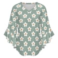 thumbnail image 5 of White Cartoon Flowers Women's V-Neck Blouse With 3/4 Ruffled Bell Sleeves Casual Top Ladies Blouses, 5 of 7