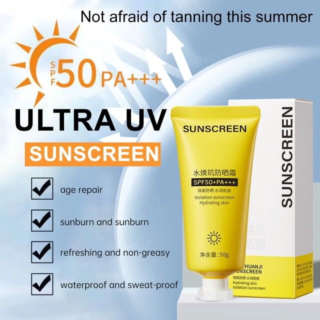 SPF50+ PA+++ Protector solar en spray Protección de amplio espectro Resistente al agua No graso Hidratante Bloqueador solar con fórmula hidratante Tamaño de viaje Tubo amarillo 50g para rostro y