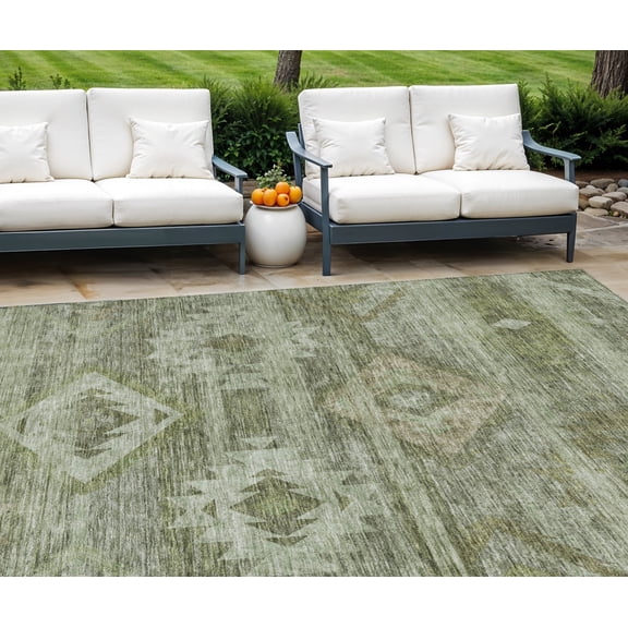 10' X 14' Olive Green And Fern Green Southwestern Washable Indoor Outdoor Area Rug