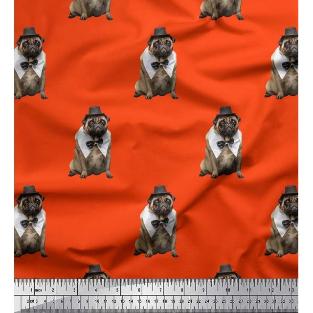 Soimoi Rayon Fabric Bow,Hat & Pug Dog Print Sewing Fabric Yard 42 Inch Wide