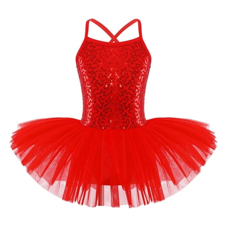 RUNQHUI Girls Kids Sequined Ballet Dress Tutu Skirts Gymnastic Leotard Sleeveless Dancewear Red XL
