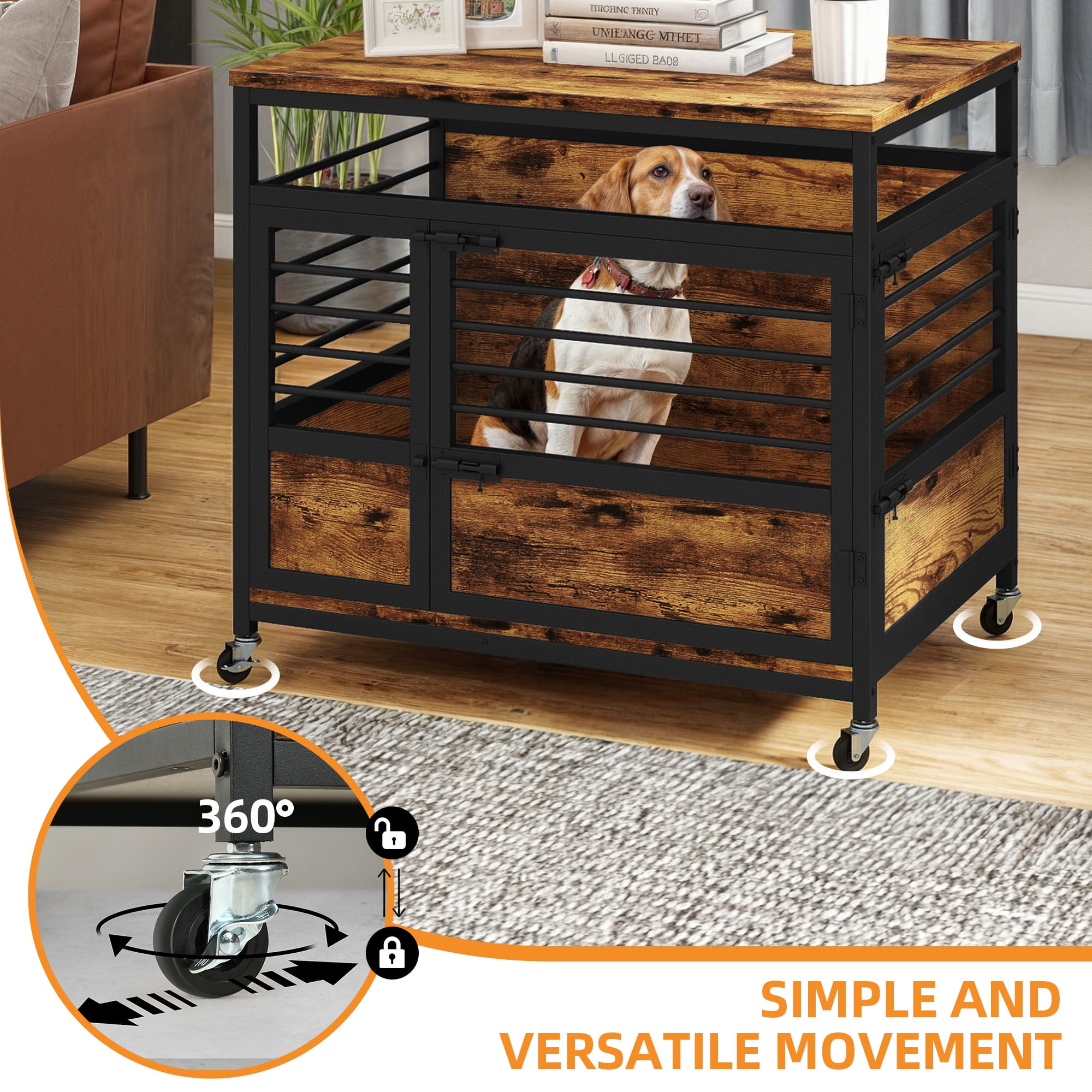 Craftian 32 Inch Dog Crate Furniture, Dog Kennel Indoor with Wheels and Removable Tray,End Table Dog Crate - Rustic Brown & Black