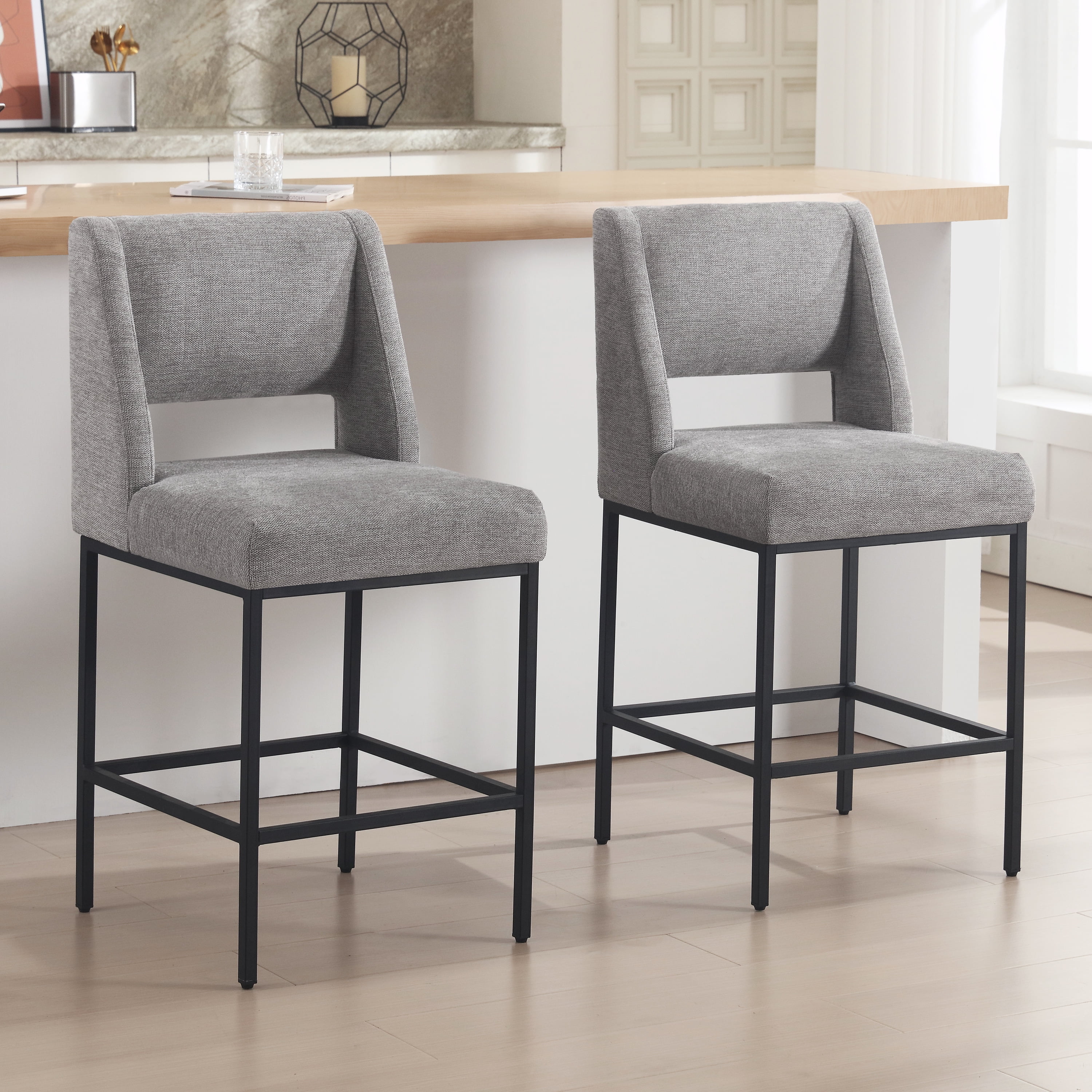 Zesthouse 26.4" Modern Counter Stools Set of 4, Linen Fabric Bar Stools with Back and Metal Legs, Extra Thick Upholstered Counter Height Chairs for Kitchen Island, Gray